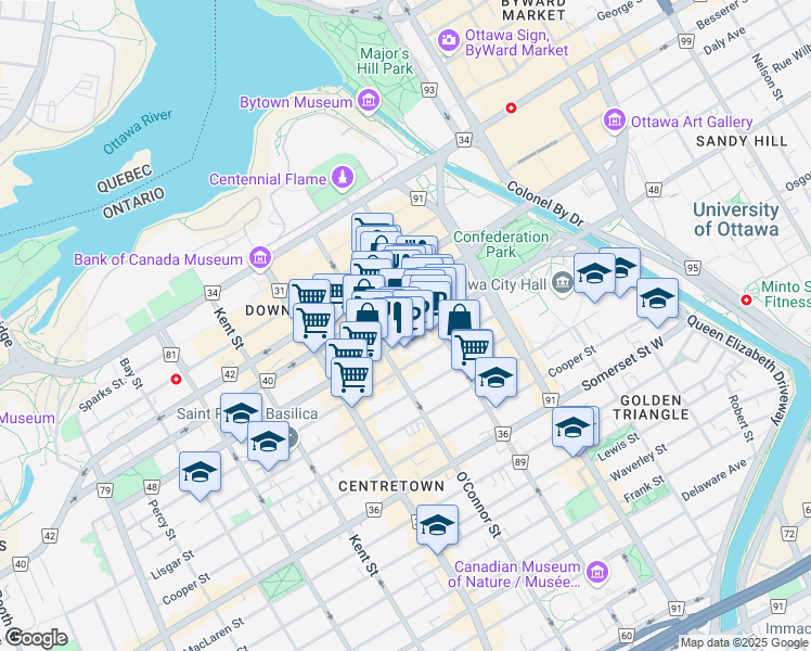 map of restaurants, bars, coffee shops, grocery stores, and more near 217 Laurier Avenue West in Ottawa