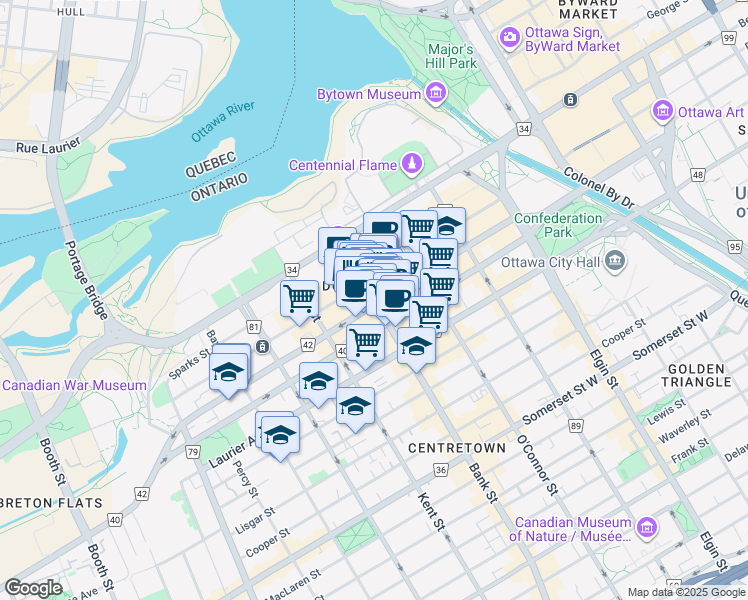 map of restaurants, bars, coffee shops, grocery stores, and more near in Ottawa