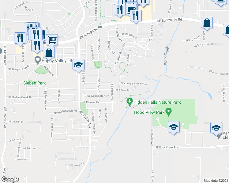 map of restaurants, bars, coffee shops, grocery stores, and more near 14103 Southeast Nightingale Avenue in Happy Valley