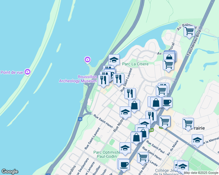 map of restaurants, bars, coffee shops, grocery stores, and more near 221 Rue Sainte-Marie in La Prairie