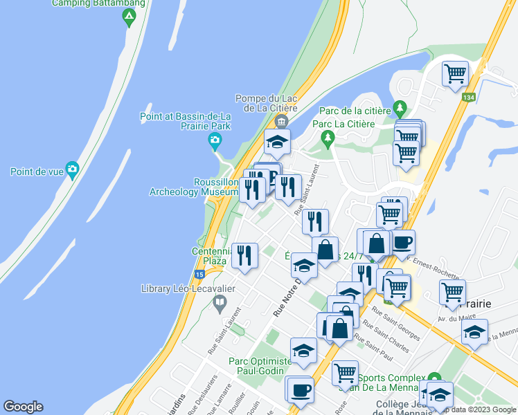 map of restaurants, bars, coffee shops, grocery stores, and more near 232 Rue Sainte-Marie in La Prairie