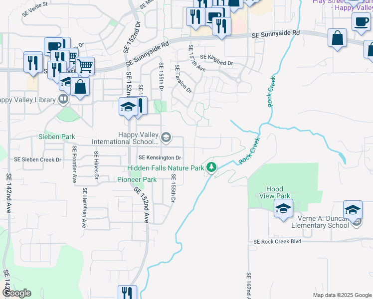map of restaurants, bars, coffee shops, grocery stores, and more near 14103 Southeast Nightingale Avenue in Happy Valley