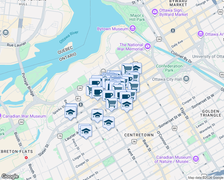 map of restaurants, bars, coffee shops, grocery stores, and more near 102 Bank Street in Ottawa