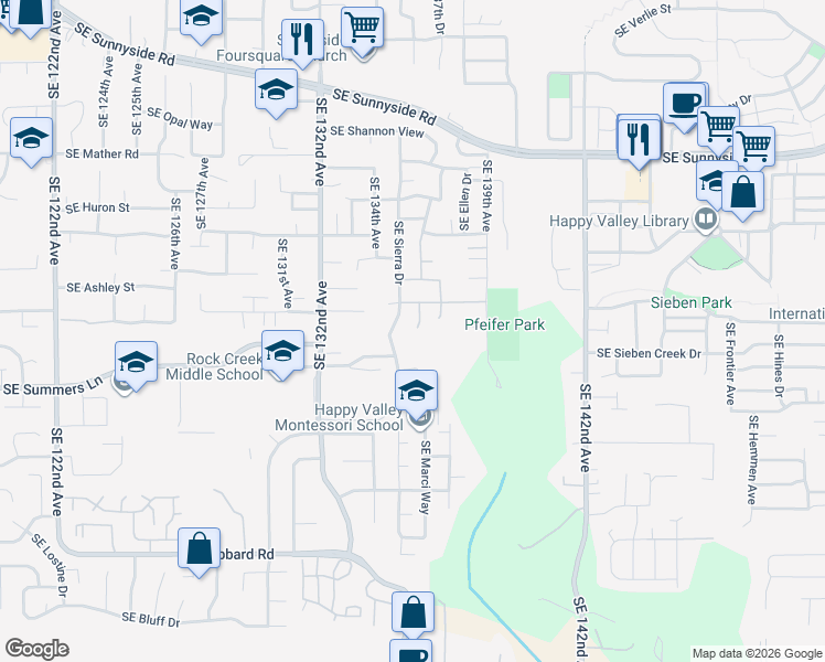 map of restaurants, bars, coffee shops, grocery stores, and more near 13939 Southeast Rogers Lane in Clackamas
