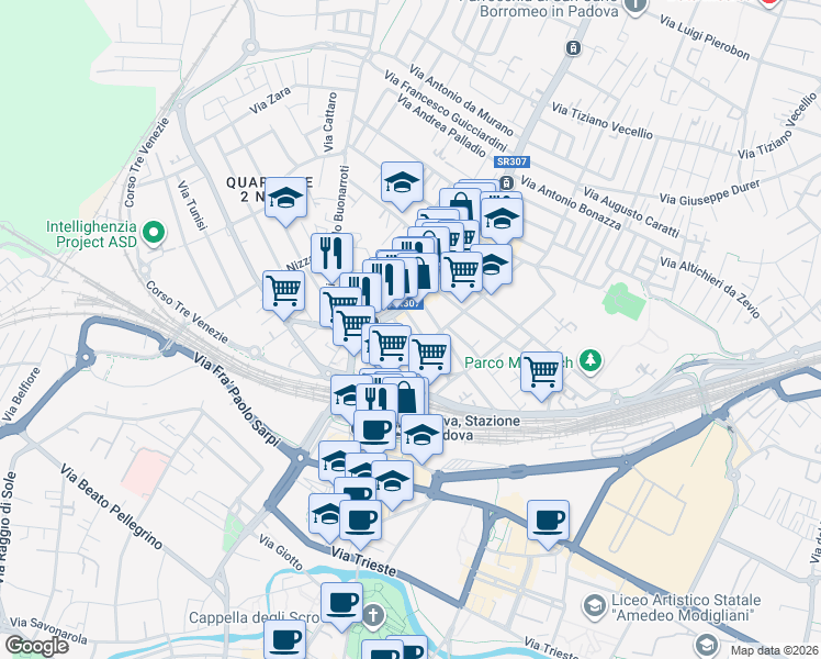 map of restaurants, bars, coffee shops, grocery stores, and more near 4 Via Giovanni da Gaibana in Padova