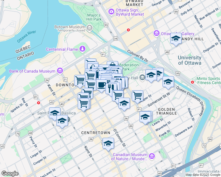 map of restaurants, bars, coffee shops, grocery stores, and more near in Ottawa
