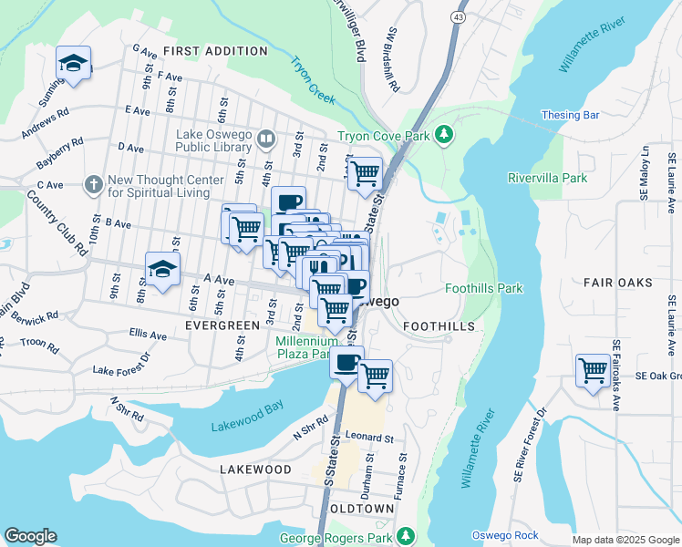 map of restaurants, bars, coffee shops, grocery stores, and more near 90 B Avenue in Lake Oswego