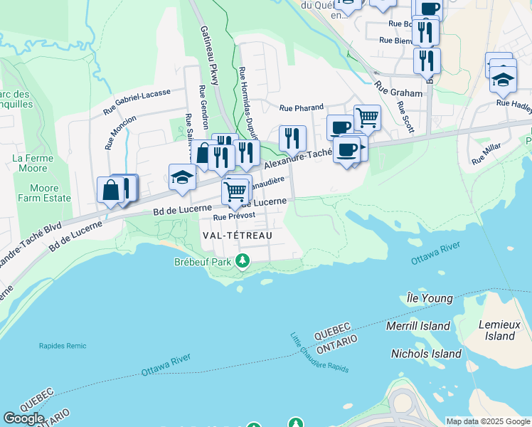 map of restaurants, bars, coffee shops, grocery stores, and more near Rue Coallier in Gatineau