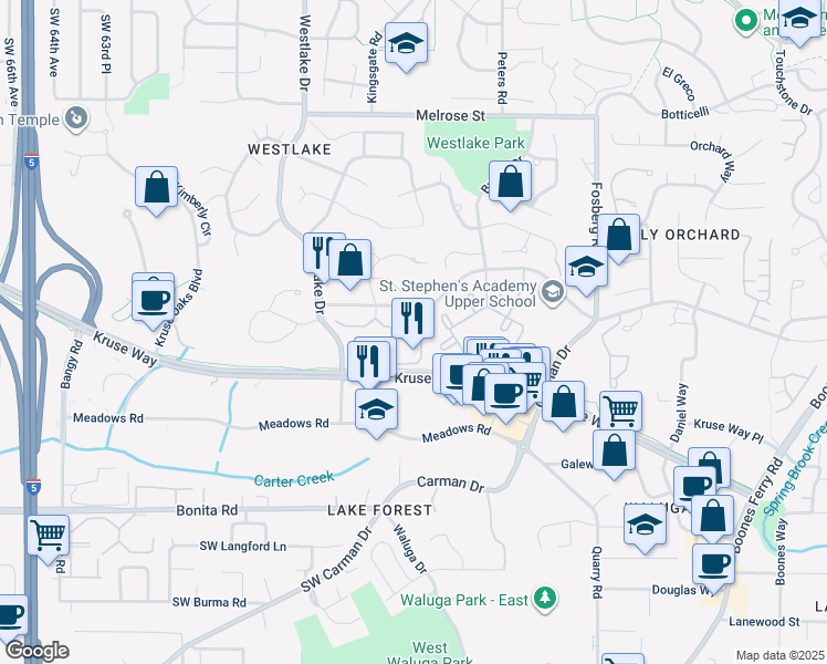 map of restaurants, bars, coffee shops, grocery stores, and more near 5300 Parkview Drive in Lake Oswego