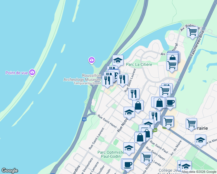 map of restaurants, bars, coffee shops, grocery stores, and more near 232 Rue Sainte-Marie in La Prairie