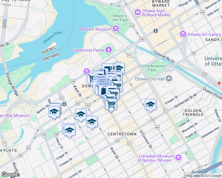 map of restaurants, bars, coffee shops, grocery stores, and more near 215 Slater Street in Ottawa