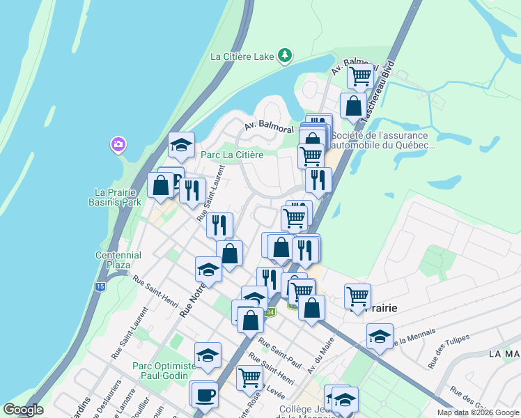 map of restaurants, bars, coffee shops, grocery stores, and more near 295 Rue Brosseau in La Prairie