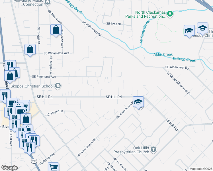 map of restaurants, bars, coffee shops, grocery stores, and more near 14206 Southeast Raelyn Terrace in Milwaukie