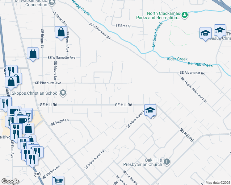 map of restaurants, bars, coffee shops, grocery stores, and more near 14206 Southeast Raelyn Terrace in Milwaukie