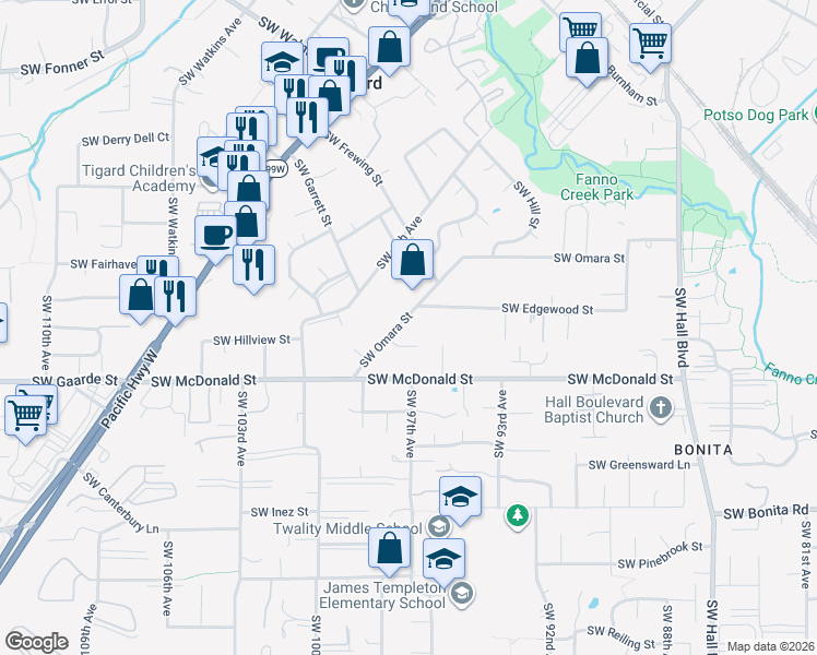 map of restaurants, bars, coffee shops, grocery stores, and more near 9680 Southwest Omara Street in Tigard