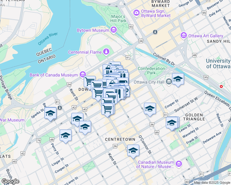 map of restaurants, bars, coffee shops, grocery stores, and more near 150 Slater Street in Ottawa
