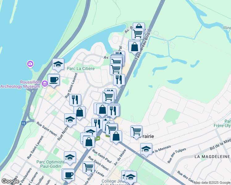 map of restaurants, bars, coffee shops, grocery stores, and more near 80 Boulevard Taschereau in La Prairie