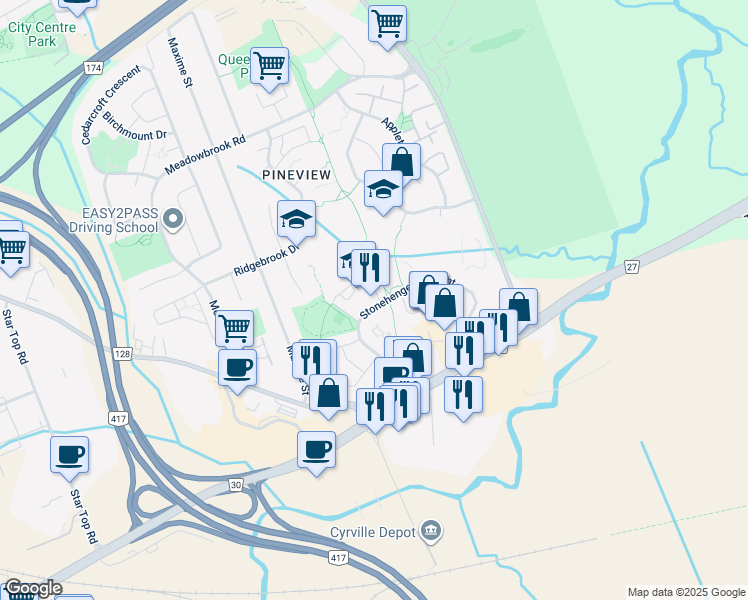 map of restaurants, bars, coffee shops, grocery stores, and more near 1847 Stonehenge Crescent in Ottawa