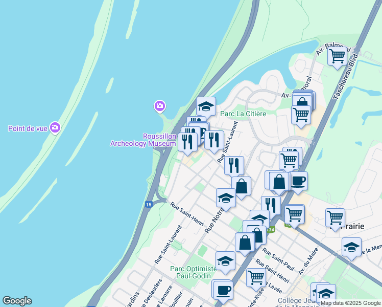 map of restaurants, bars, coffee shops, grocery stores, and more near 221 Rue Sainte-Marie in La Prairie