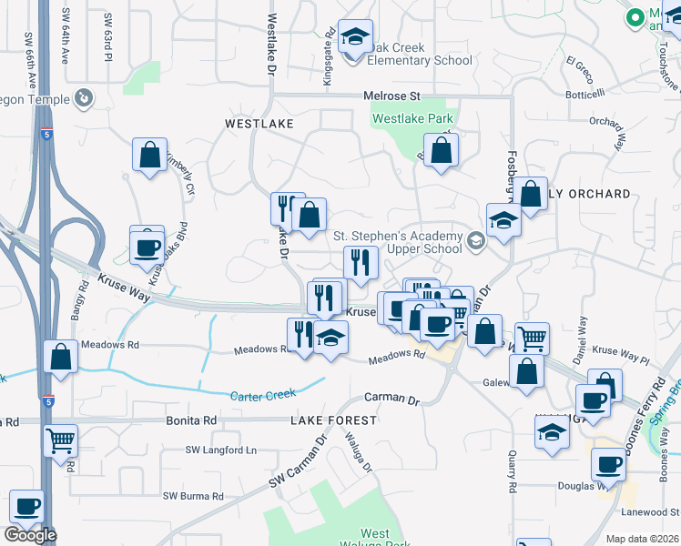 map of restaurants, bars, coffee shops, grocery stores, and more near 5300 Parkview Drive in Lake Oswego