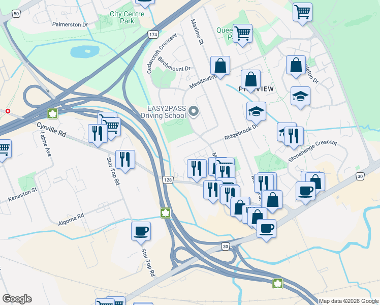map of restaurants, bars, coffee shops, grocery stores, and more near 1442 Foxwell Street in Ottawa