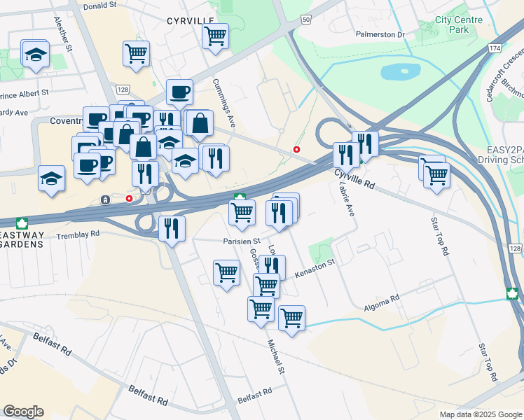 map of restaurants, bars, coffee shops, grocery stores, and more near 1157 Parisien Street in Ottawa