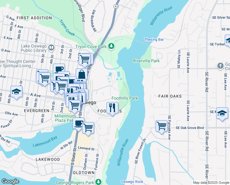 map of restaurants, bars, coffee shops, grocery stores, and more near 221 Foothills Road in Lake Oswego
