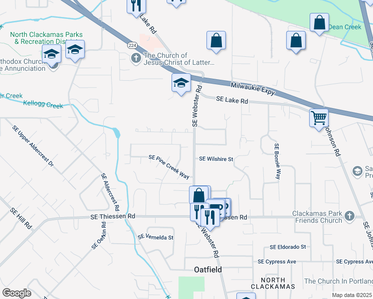 map of restaurants, bars, coffee shops, grocery stores, and more near 14212 Southeast Woodside Avenue in Milwaukie