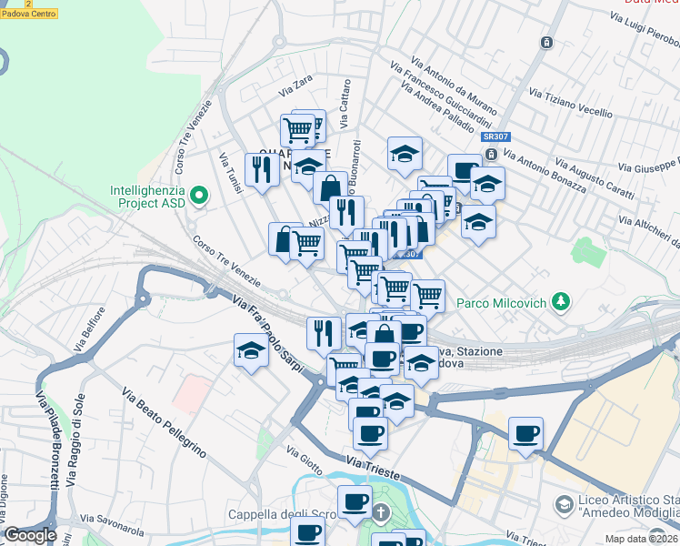 map of restaurants, bars, coffee shops, grocery stores, and more near 2 Vicolo Michelangelo Buonarroti in Padova