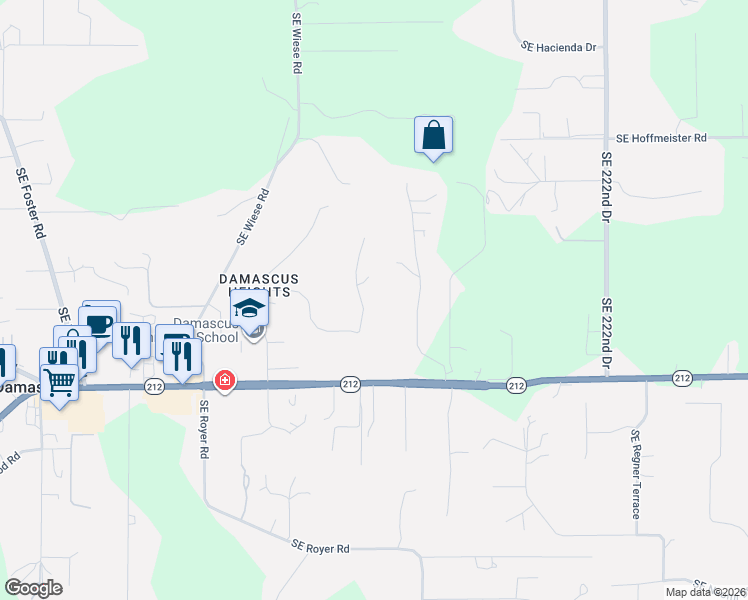 map of restaurants, bars, coffee shops, grocery stores, and more near 21120 Southeast Lansing Lane in Damascus