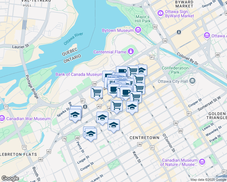 map of restaurants, bars, coffee shops, grocery stores, and more near in Ottawa