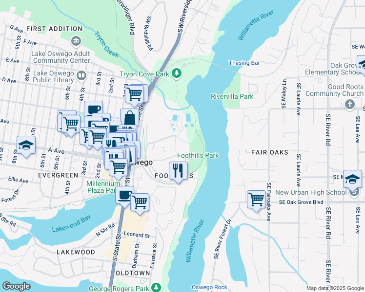 map of restaurants, bars, coffee shops, grocery stores, and more near 221 Foothills Road in Lake Oswego