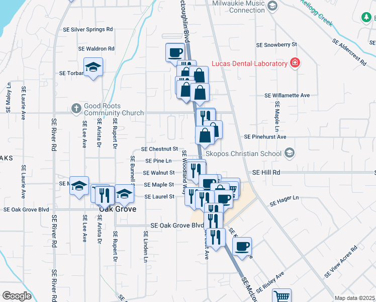 map of restaurants, bars, coffee shops, grocery stores, and more near 2800 Southeast Chestnut Street in Milwaukie