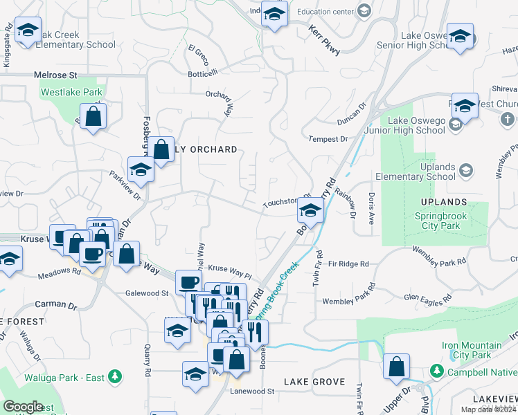map of restaurants, bars, coffee shops, grocery stores, and more near 3701 Carman Dr in Lake Oswego