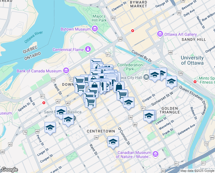 map of restaurants, bars, coffee shops, grocery stores, and more near 191 Laurier Avenue West in Ottawa