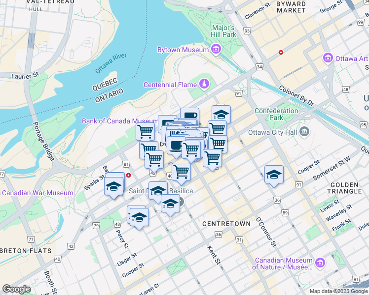 map of restaurants, bars, coffee shops, grocery stores, and more near 99 Bank Street in Ottawa