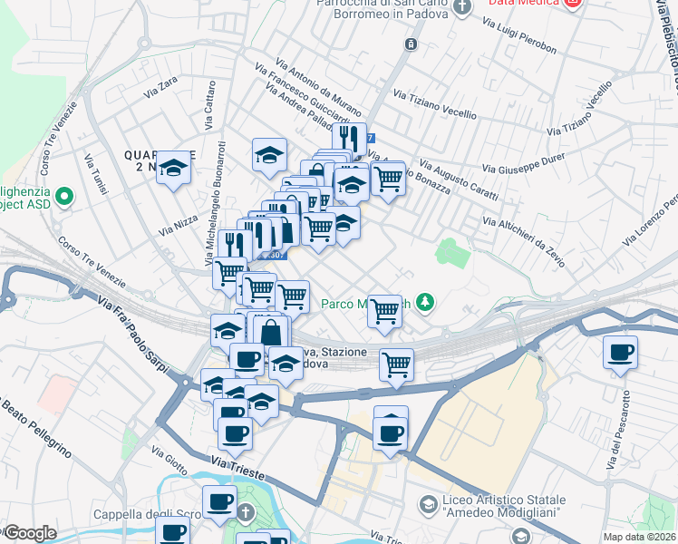 map of restaurants, bars, coffee shops, grocery stores, and more near 29 Via Pietro Selvatico in Padova