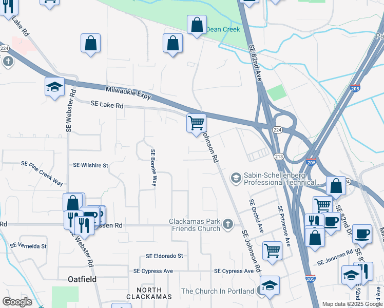map of restaurants, bars, coffee shops, grocery stores, and more near 7886 Southeast Sporri Lane in Milwaukie