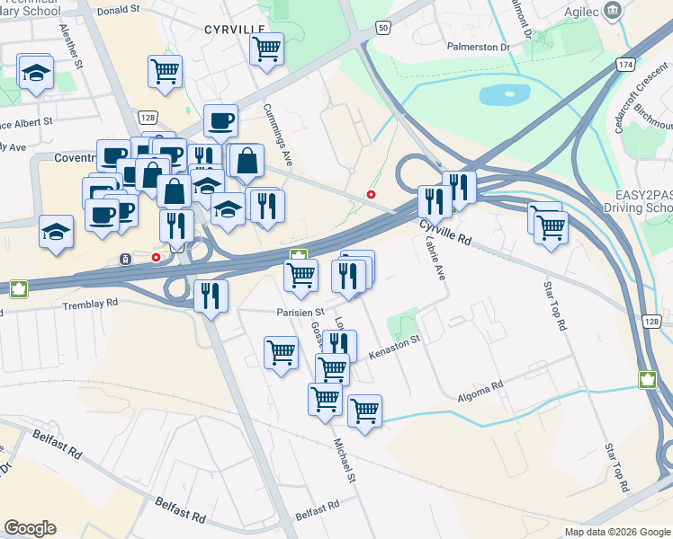 map of restaurants, bars, coffee shops, grocery stores, and more near 1157 Parisien Street in Ottawa