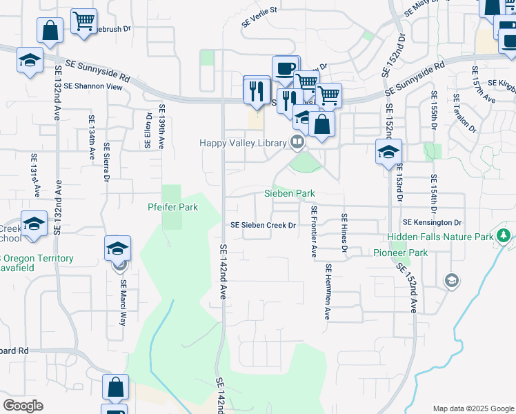 map of restaurants, bars, coffee shops, grocery stores, and more near 14179 Southeast Filbert Creek Drive in Clackamas