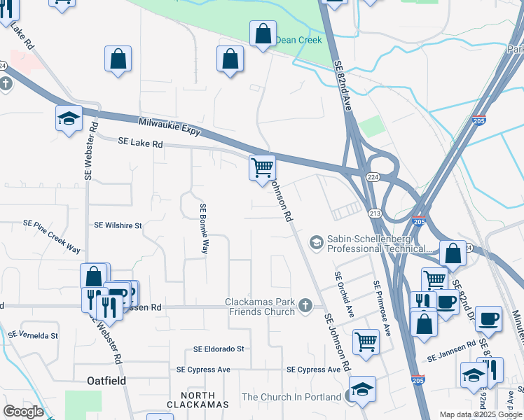 map of restaurants, bars, coffee shops, grocery stores, and more near 7886 Southeast Sporri Lane in Milwaukie
