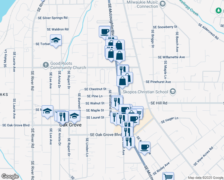 map of restaurants, bars, coffee shops, grocery stores, and more near 2800 Southeast Chestnut Street in Milwaukie