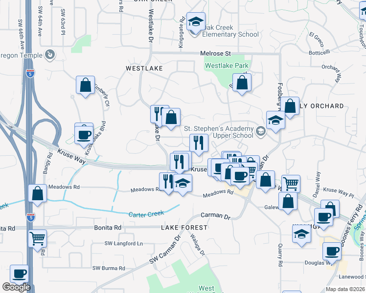 map of restaurants, bars, coffee shops, grocery stores, and more near 5300 Parkview Drive in Lake Oswego