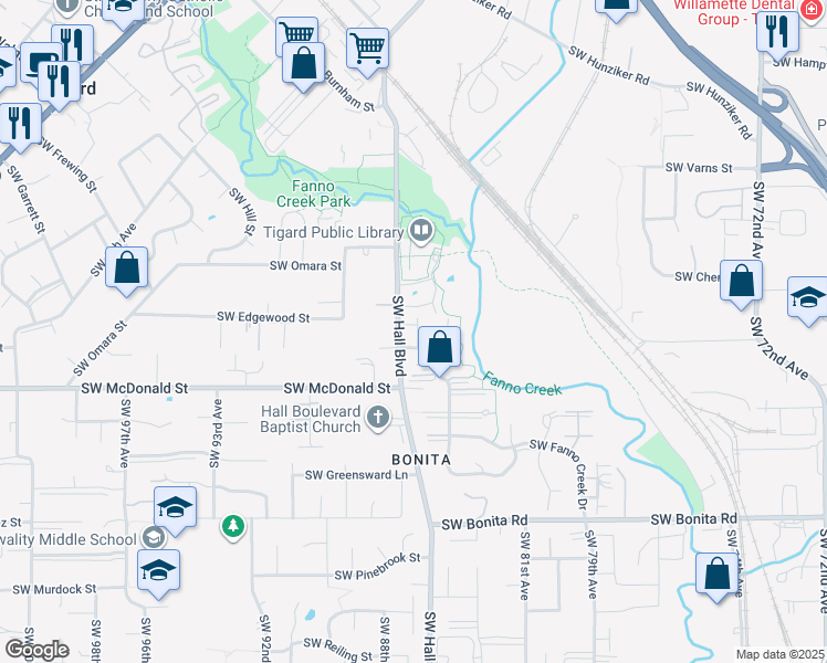 map of restaurants, bars, coffee shops, grocery stores, and more near 13862 Southwest Fanno Creek Drive in Tigard