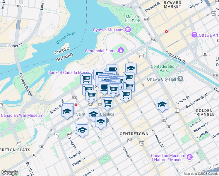 map of restaurants, bars, coffee shops, grocery stores, and more near in Ottawa