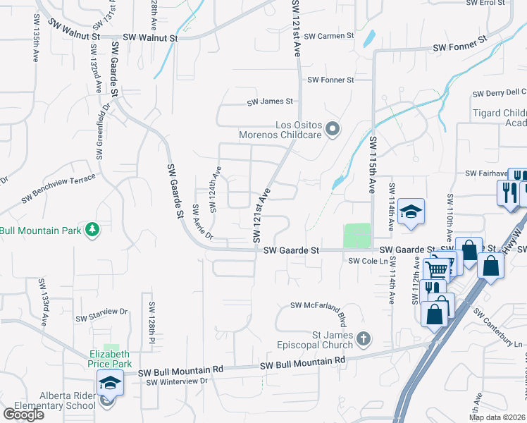 map of restaurants, bars, coffee shops, grocery stores, and more near 13830 Southwest 121st Avenue in Tigard