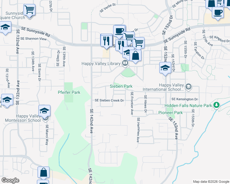 map of restaurants, bars, coffee shops, grocery stores, and more near 14507 Southeast Lone Pine Drive in Clackamas