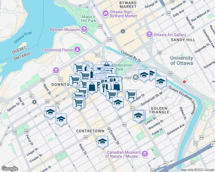 map of restaurants, bars, coffee shops, grocery stores, and more near in Ottawa