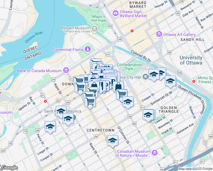 map of restaurants, bars, coffee shops, grocery stores, and more near 191 Laurier Avenue West in Ottawa