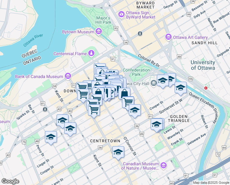 map of restaurants, bars, coffee shops, grocery stores, and more near in Ottawa
